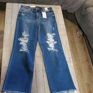 Judy Blue Distressed Wide Leg Jeans - Blue Dad Jean Inseam 30